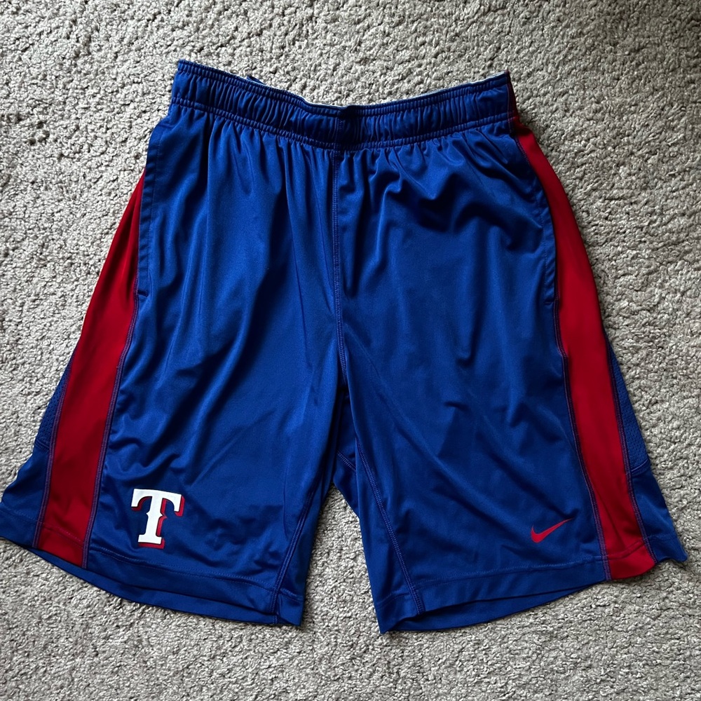 Nike Dri Fit Men's Texas Rangers MLB Blue and Red Athletic Shorts